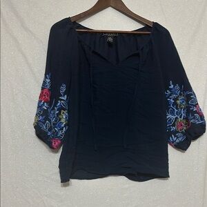 Blue Relaxed Blouse with Square Neck Embroidered Puff Sleeves and Tie Front